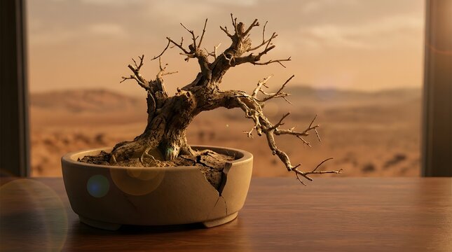 Dead brown bonsai tree in a cracked clay pot on a wooden table illustrating the devastating consequences of extreme drought and climate change
