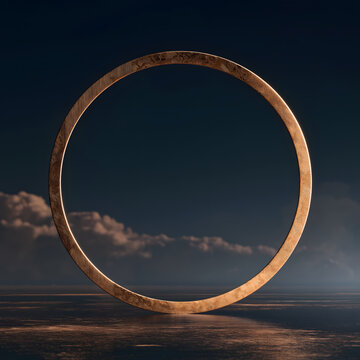Centered square golden woven ring with three alternating textures, geometric line, cloud pattern, lotus petal, hollow dark center, soft rim glow, tri‑culture unity wholeness logo poster commercial ass