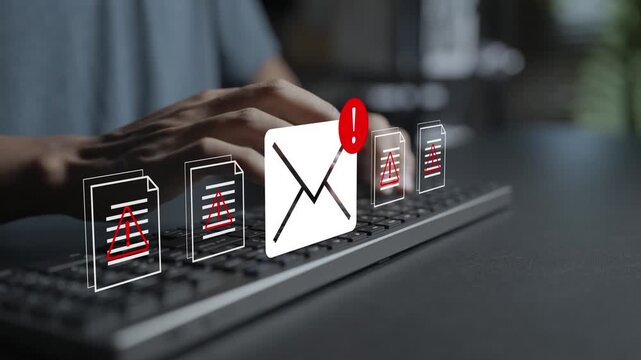 Digital phishing email warning alert concept. Person typing keyboard with warning sign, malicious link and security lock icons, cyber attack prevention and email security.