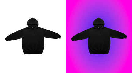 A plain black hooded sweatshirt with long sleeves displayed flat as a clothing mockup isolated on a white background, for apparel branding use © sultan