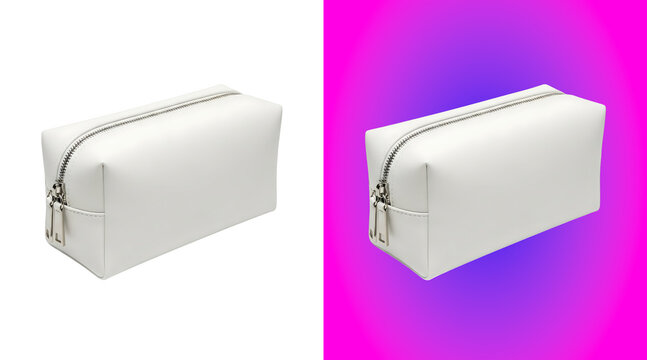 A rectangular white cosmetic bag or pencil case made of synthetic leather with a silver metal zipper closure, isolated on white background