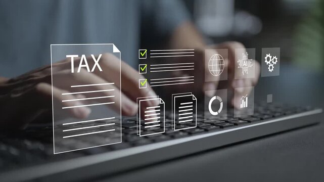 TAX online payment concept. Person typing keyboard with tax document, credit card and security lock icons, digital tax filing, government portal and automated payment processing.