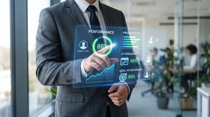 Obraz premium Businessman interacting with a futuristic digital dashboard displaying performance metrics in a modern office setting