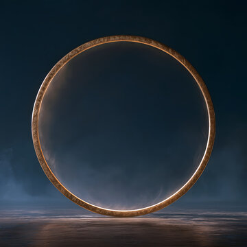 Centered square golden woven ring with three alternating textures, geometric line, cloud pattern, lotus petal, hollow dark center, soft rim glow, tri‑culture unity wholeness logo poster commercial ass