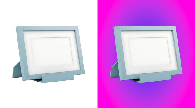 A small light blue frame with a stand, shown at an angle and isolated on a white background, for displaying small, photographs or