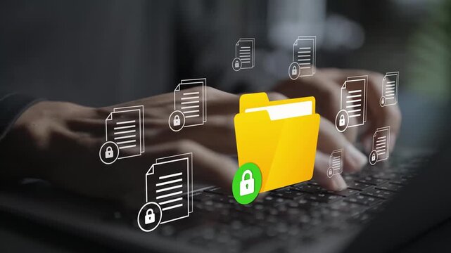 Secure document and data management concept. Person using laptop with lock shield, encrypted folder and database icons, confidential file storage and digital asset protection.
