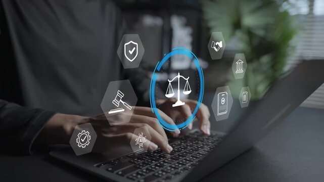 Legal compliance and governance concept. Person using laptop with justice scales, compliance checklist and shield icons, corporate law, regulatory standards and policy management.
