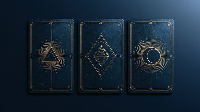 Three mystical tarot cards with gold esoteric symbols on a dark blue background. Fortune telling and divination concept for spiritual services.
