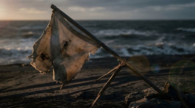 Tattered dirty white flag waving on a dark rocky beach demonstrating the tragic reality of complete surrender and devastating business defeat