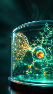Neural Network in a Jar: An intricate neural network, glowing with vibrant teal and gold energy, is contained within a glass dome, representing the wonders of science and artificial intelligence.