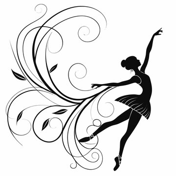 Black silhouette of a ballerina dancing with elegant floral swirls against a white background with surrounded decorative curling graceful female dancer