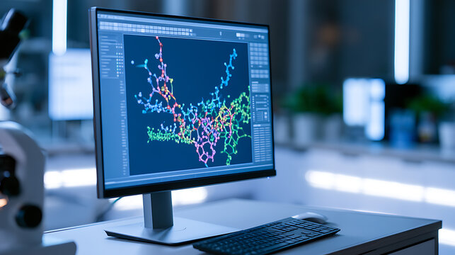 Modern computer monitor display molecular structure software inside high tech research laboratory environment for medical and science project