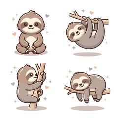 Fototapeta premium Charming kawaii sloth illustrations in different poses.