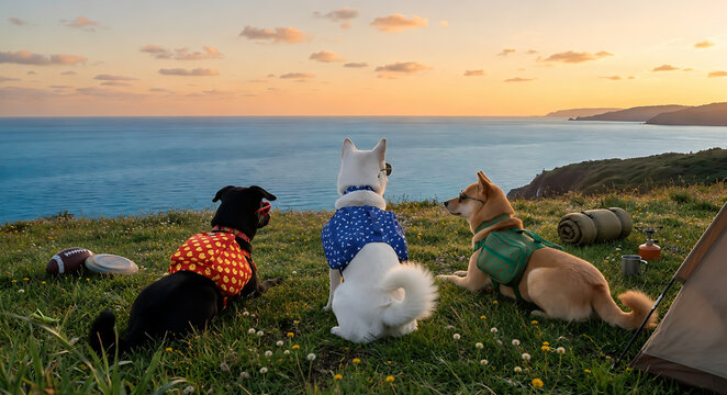 Jindo dogs gazing at the sunset at a campsite.