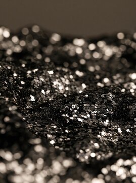 Close-up of a fabric with a shiny, glittery texture. the fabric appears to be made of a shiny material, possibly fabric, and is covered in small, round, silver sequins that sparkle in the light.