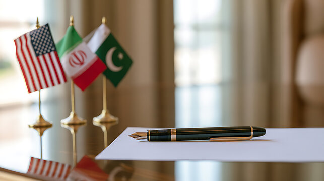 Diplomatic treaty document with international flags and fountain pen on conference table ready for official signature in government summit