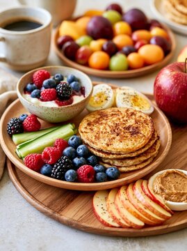 Wooden platter with a variety of breakfast items on it. on the left side of the platter, there is a small bowl of yogurt with berries and sliced cucumbers.