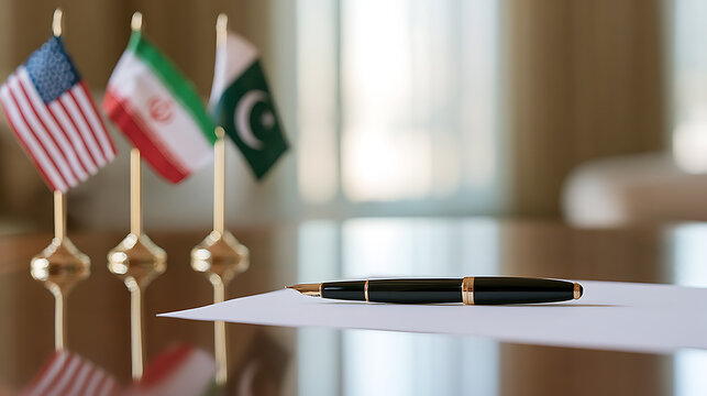 Diplomatic agreement document with fountain pen and international flags on polished wooden table in high level government negotiation meeting