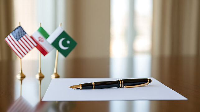 Diplomatic agreement document with fountain pen and international state flags on a wooden table inside a formal government office room desk