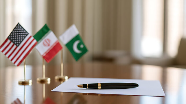 International flags placed neatly beside a fountain pen and a blank paper sheet on a wooden table, symbolizing global diplomacy and peace