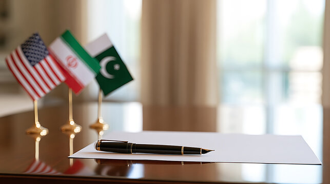 Diplomatic flags stand on a conference table beside a blank document and fountain pen, representing international summit and treaty signing