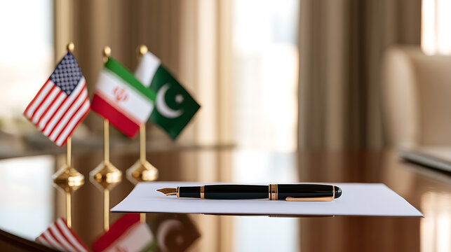 International diplomacy negotiation table with miniature flags and a black fountain pen on white document paper in a modern office setup