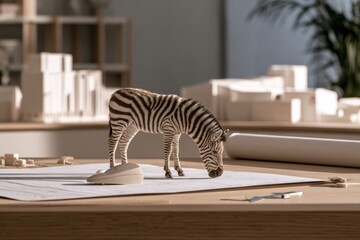 Naklejka premium Zebra standing on architectural blueprints at drafting table indoors