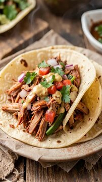 Tender shredded meat fills tortilla with fresh toppings