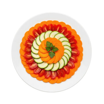 Colorful vegetable spiral arrangement on white plate