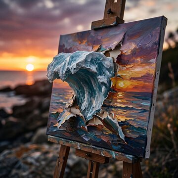 Expressive Wave Painting &ndash; Dynamic Abstract Ocean Artwork