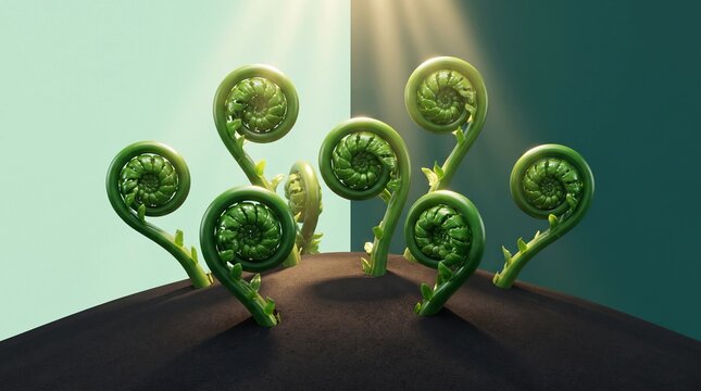 Vibrant green fern fiddleheads unfurling on dark soil illuminated by soft ethereal sun rays in a clean minimalist studio setting creating a beautiful botanical concept