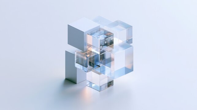 Minimalist white backdrop with interlocking geometric shapes and sleek futuristic geometry