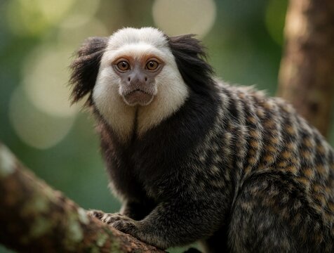 Geoffroys marmoset monkey sits on tree branch in rich green forest. Small primate with white head and striped fur looks at camera. Wildlife animal in natural habitat, calm scene.
