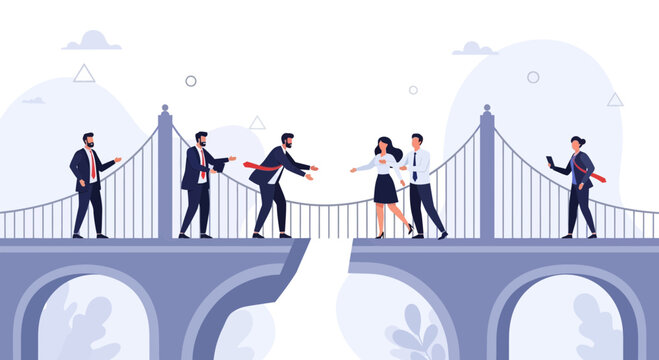 Business People Crossing a Bridge Gap Towards Success and Collaboration, Symbolizing Connection and Teamwork.