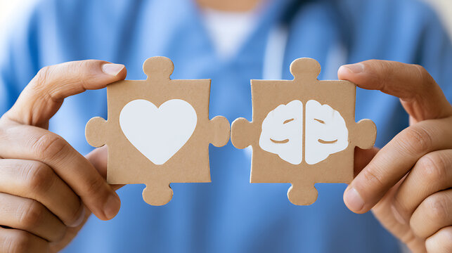 Medical professional hold jigsaw puzzle piece with heart and brain icon to symbolize mental health care connection and medical therapy support