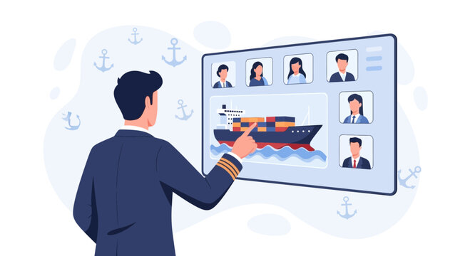 Captain Interacting with Digital Interface Displaying Cargo Ship and Team Members via Video Conference