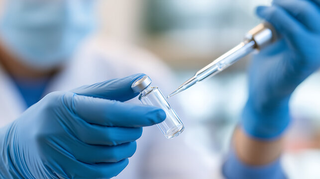 Medical researcher hold glass vial and dropper in laboratory environment for scientific experiment discovery and vaccine development process test