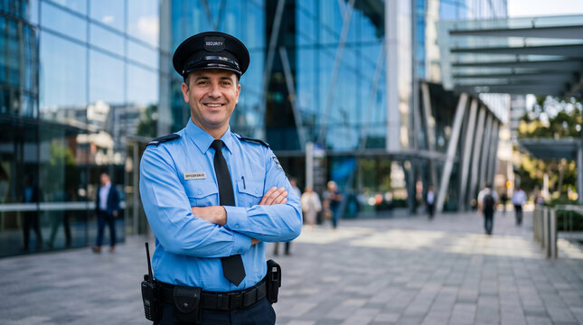 Male security guard in uniform with crossed arms, standing before a modern glass building, representing safety and professionalism