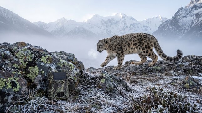 A majestic snow leopard walks across a rocky, snow-dusted mountain landscape with distant peaks.