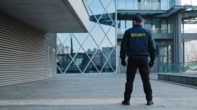 Security guard stands in front of a modern glass building, representing safety, protection, and vigilance in urban environments