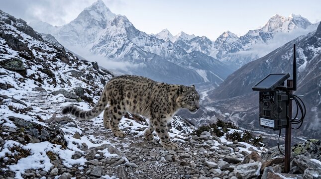 Snow leopard captured on camera trap in the high Himalayas.