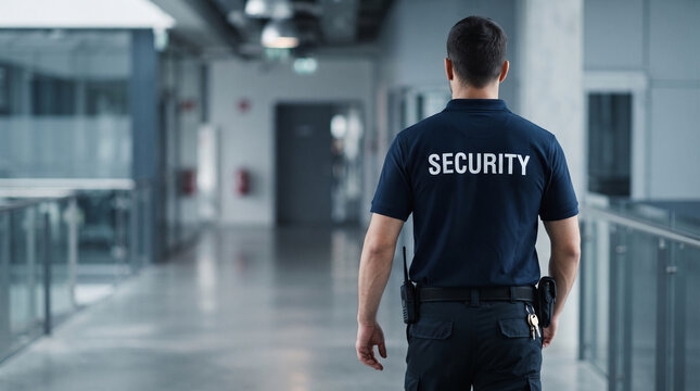 A security guard in a dark uniform walks down a modern corridor, symbolizing protection, vigilance, and safety in corporate or institutional environments.
