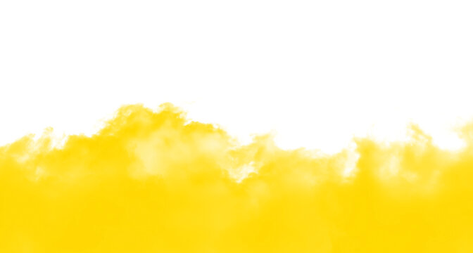 Vibrant yellow smoke cloud isolated on a pure white background featuring soft fluffy texture and ethereal vapor motion for creative artistic design and abstract digital composition.