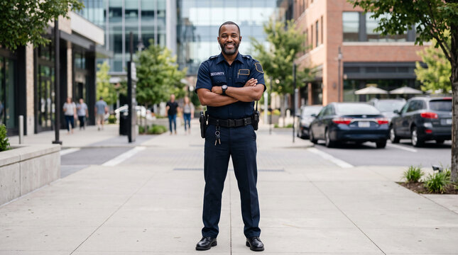 A smiling man in a dark blue security uniform stands with arms crossed, representing safety and professionalism in an urban environment, symbolizing protection.