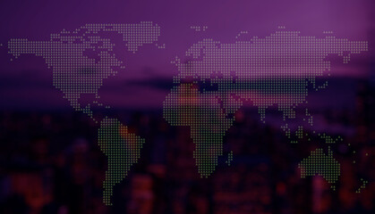 Abstract digital dotted world map overlaying a purple illuminated city skyline background for global business and technology connection. © Durjoy