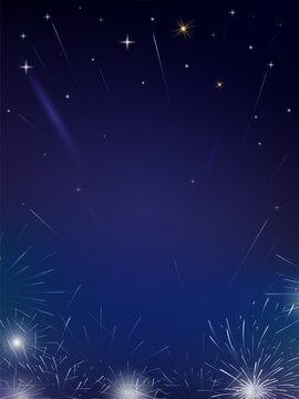 Fireworks, Star dark blue background with gold light, glitter starry, Happy New Year celebration,Christmas.Winter illustration design with space for holiday party banner poster,card calendar template