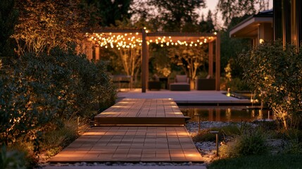 Fototapeta premium Modern backyard landscape lighting with integrated LED accents for stylish outdoor living