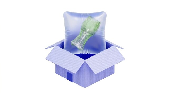 Safe shipping of fragile green cup using protective inflatable air bag in box