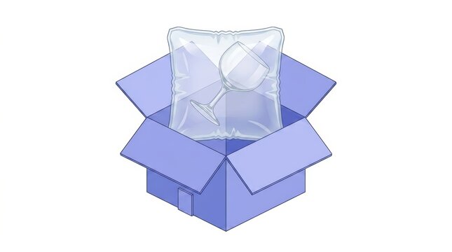 Outlined vector concept of fragile glass wrapped in air pillow inside a box