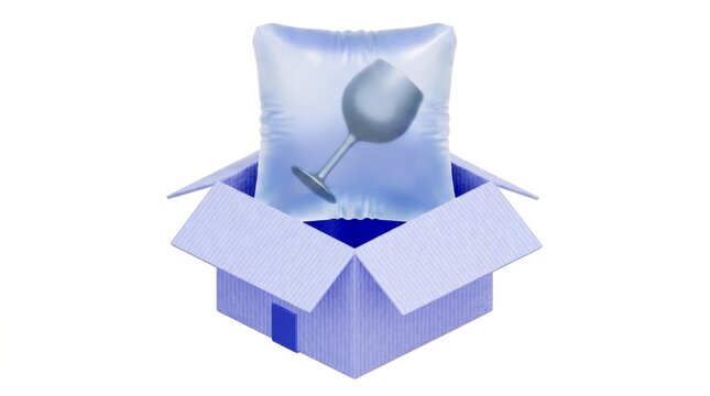 Metallic goblet inside protective air pillow packaging in open blue mailing box